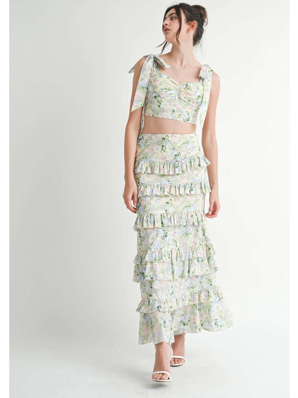 Floral Tiered Ruffle Maxi Skirt & Top - Light I Green Floral